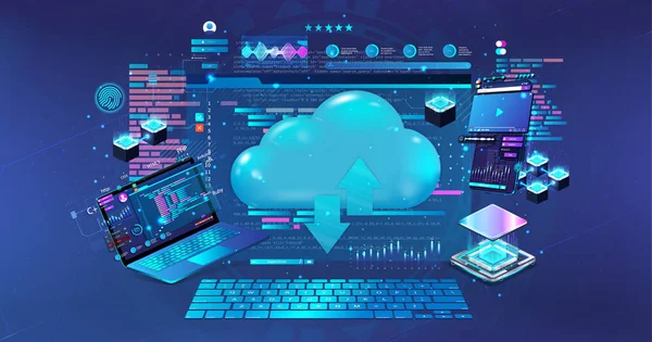 Conceito Computação em nuvem. Tecnologias, servidores e serviços em nuvem — Vetor de Stock