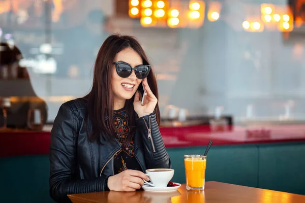 Happy Young Woman Cafe Drinking Coffee Talking Mobile Phone — Photo