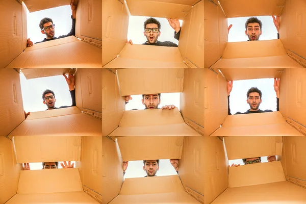 Young Attractive Male Model Looking Into A Box (Collage) — Stock Photo, Image