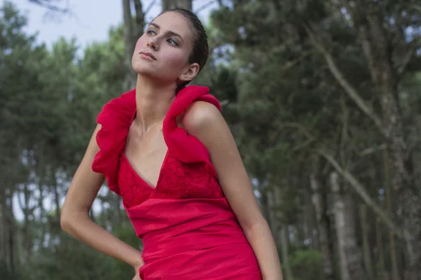 Atractiva modelo de moda en vestido rojo impresionante — Foto de Stock