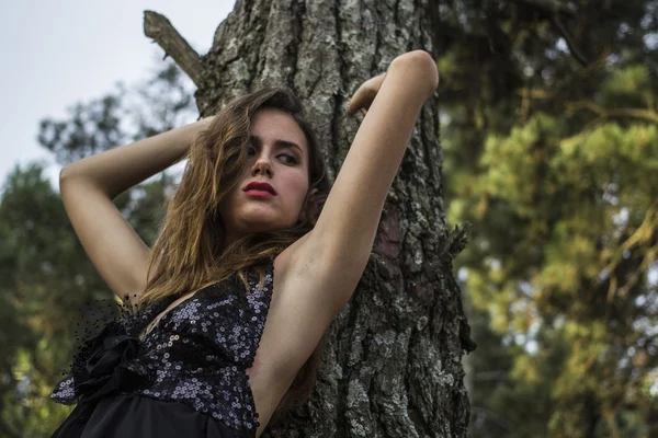 Sensual joven modelo en vestido negro solo en el bosque — Foto de Stock