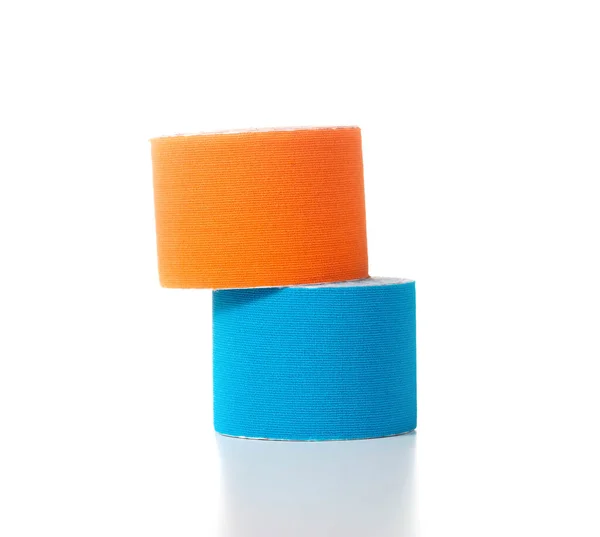 Blue Orange Medical Kinesiology Tape White Background Isolate Teping — Stock Photo, Image
