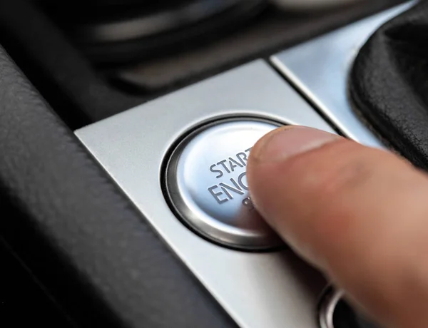Man Finger Presses Modern Car Button Start Car Macro Technology — Stock Photo, Image