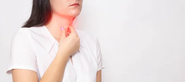 Girl Holds Sore Red Throat White Background Concept Sore Throat — Stock Photo, Image