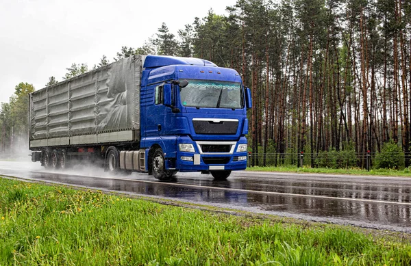 Un camión con un semirremolque basculante conduce por la carretera bajo la lluvia y con poca visibilidad en el verano en el contexto del bosque. Transporte de carga y concepto logístico —  Fotos de Stock