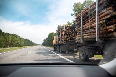 Yazın asfalt yolda bir kamyon römorkunda orman kütüklerinin taşınması. Kereste taşımacılığı, orman endüstrisi. Metin için boşluk kopyala, ticari