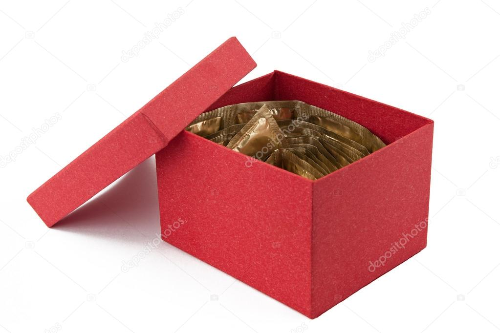 Condoms in open cardboard box