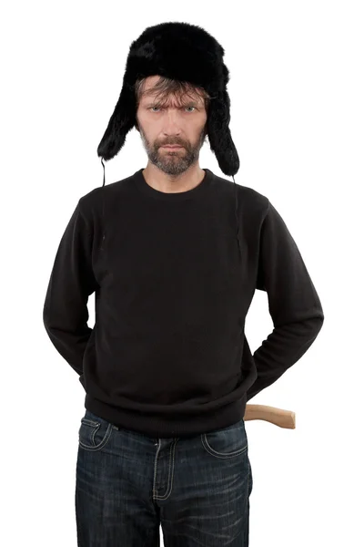 Man in hat ear flaps holding axe — Stock Photo, Image