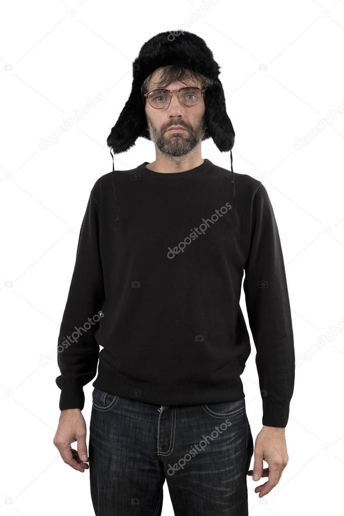 Man in hat ear flaps and glasses