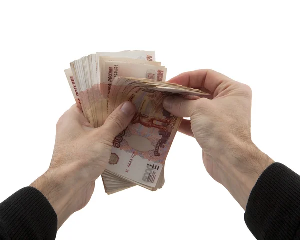 Mãos do homem recalculates dinheiro em rublos russos Imagens De Bancos De Imagens Sem Royalties