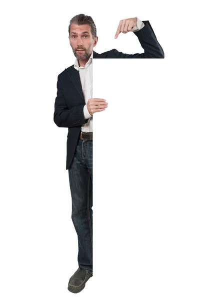 Adult man shows on billboard — Stock Photo, Image