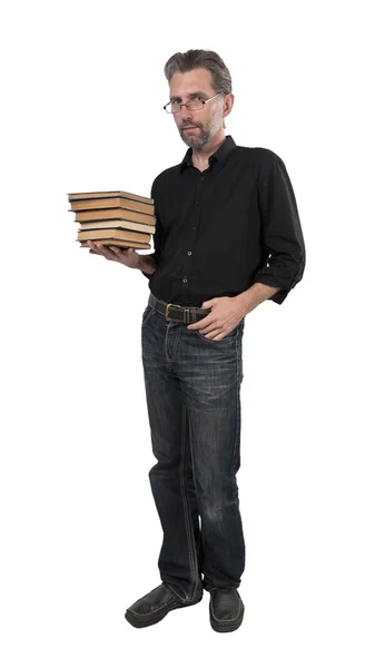 Volwassen man met stapel boeken — Stockfoto