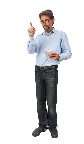 Férfi megérinti az ujját a képzeletbeli touchpad — Stock Fotó