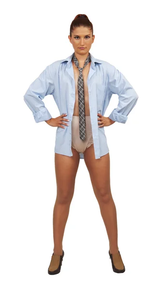 Zrzavá dívka v mužská košile a kravata — Stock fotografie