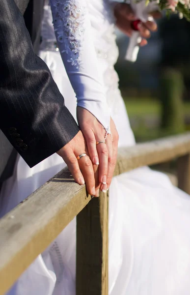 Bruidegom en de bruid kosten op de houten brug — Stockfoto