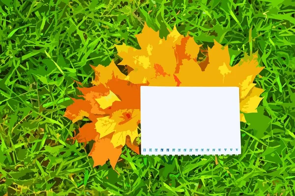 Κίτρινα Φύλλα Και Σημειωματάριο Στο Πράσινο Γρασίδι Φθινόπωρο — Διανυσματικό Αρχείο