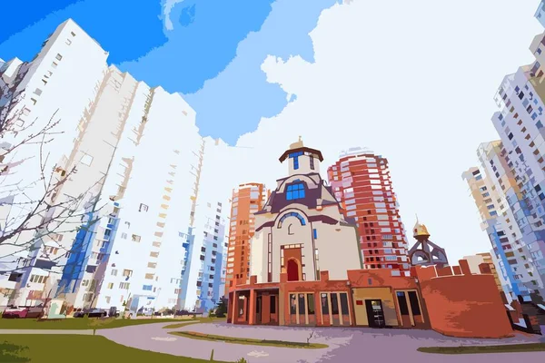 Eglise Parmi Les Immeubles Grande Hauteur Kiev — Image vectorielle