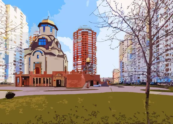 Kościół Wśród Wieżowców Kijowie — Wektor stockowy
