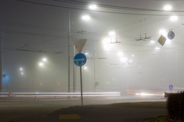 Şehirdeki yolda gece sis vardı.