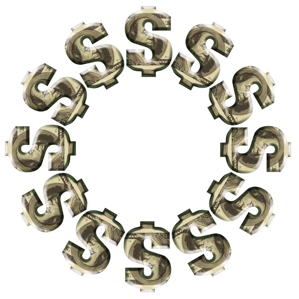 Ronde Lijst Van Dollarsymbolen Gemaakt Van Reliëf Gedrukte Bankbiljetten Witte — Stockfoto