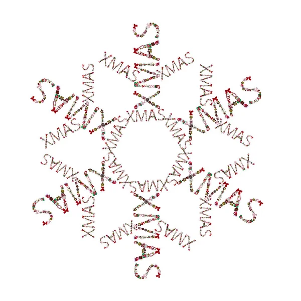 クリスマスのおもちゃやキャンディーの写真から作られた雪の結晶の形をした円の中の略語クリスマス — ストック写真