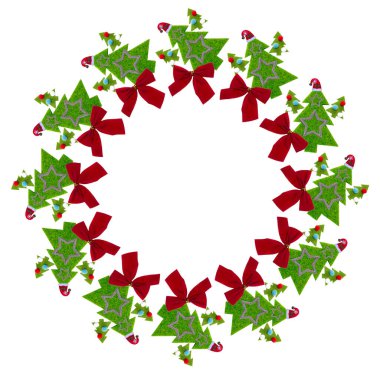 Noel için keçeli ağaç ve oyuncaklardan oluşan bir çemberde kolaj ve desen. Beyaz arka planda Noel yuvarlak çerçevesi.