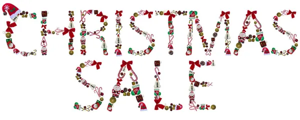 Λέξεις Χριστουγεννιάτικη Πώληση Από Φωτογραφία Των Παιχνιδιών Χριστουγεννιάτικο Δέντρο Και — Φωτογραφία Αρχείου