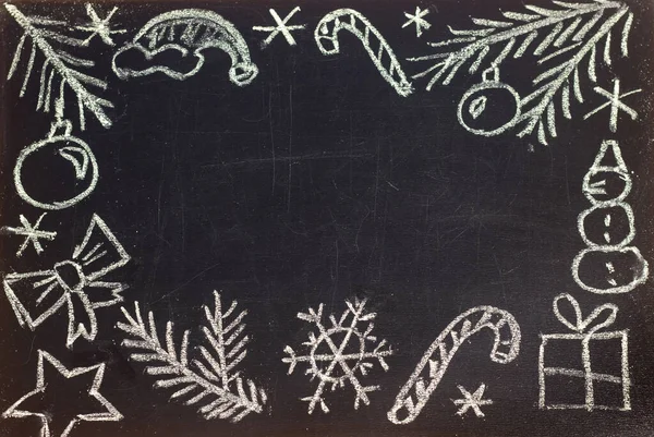 Frame Gemaakt Van Kerst Nieuwjaarsspeelgoed Met Krijt Een Schoolbord — Stockfoto