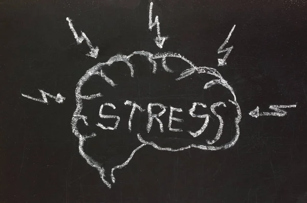 Palavra Stress Cabeça Desenhada Giz Quadro Negro — Fotografia de Stock