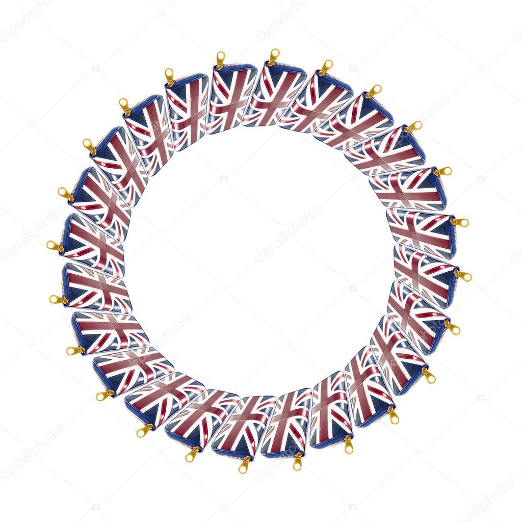 UK flag wallets in a circle. Round frame, finance.