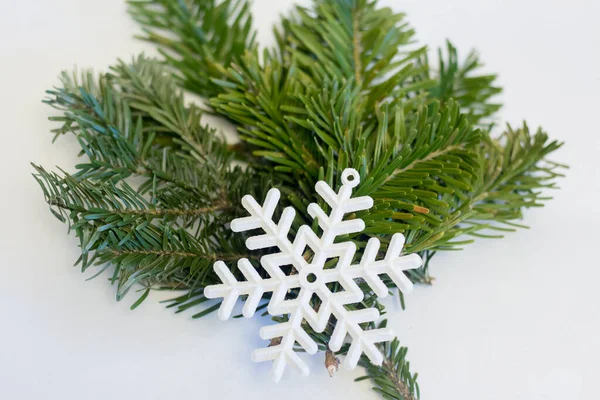 Christmas Tree Branch Artificial Snowflakes — Stock Photo, Image
