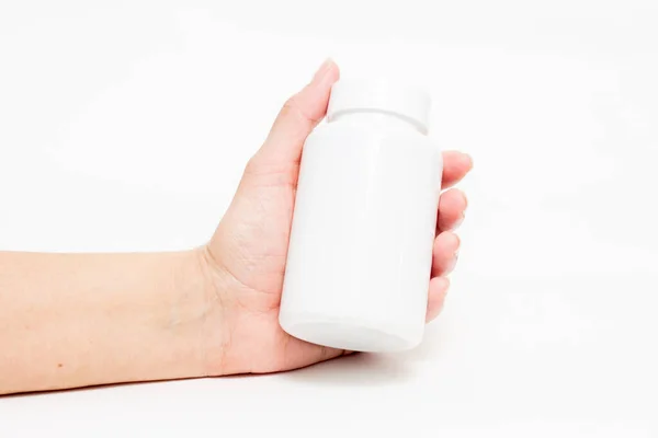 Große Medizinische Flasche Der Hand Nahaufnahme Auf Weißem Hintergrund — Stockfoto