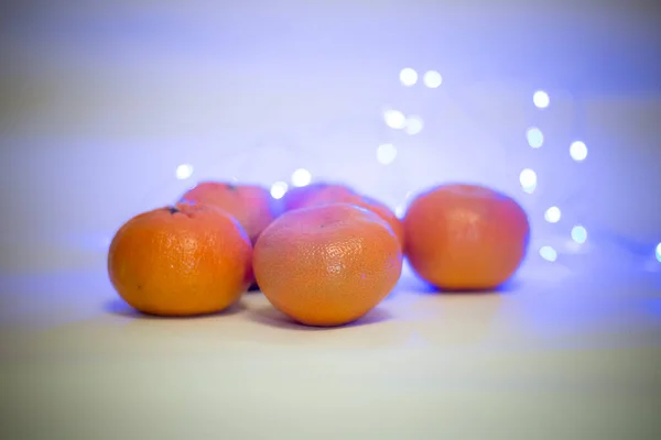 Tangerines Christmas Christmas Lights Garland Tangerines — Stock Photo, Image
