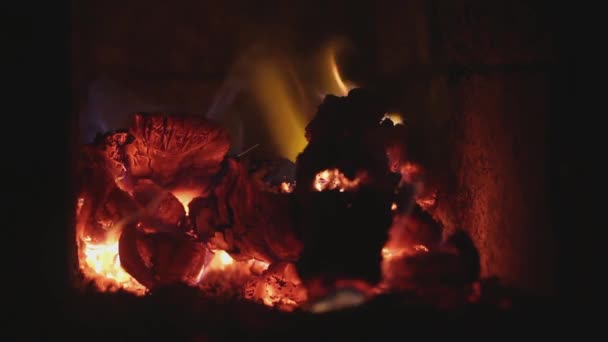 Firewood Burning Stove Heating Room Cold Season — Stock Video