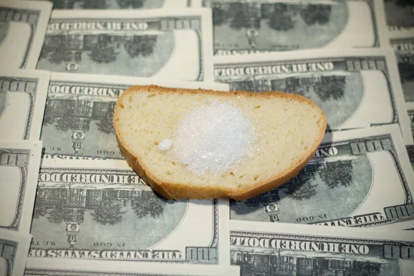 Brot Mit Zucker Auf Geldscheinen Erhöhung Der Lebensmittelpreise Aufgrund Des — Stockfoto