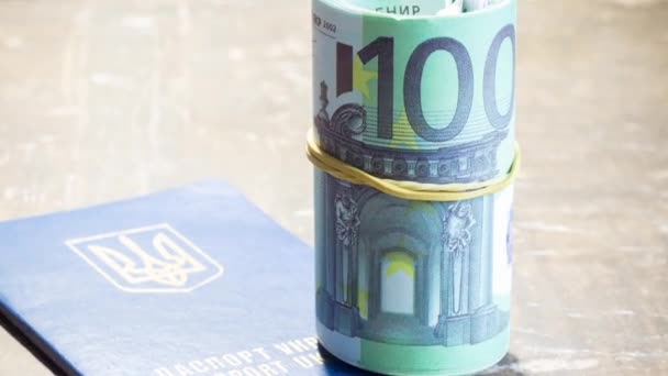 Banknoten Auf Dem Pass Der Ukraine Schwierigkeiten Beim Grenzübertritt Aufgrund — Stockvideo