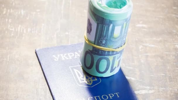 Banknoten Auf Dem Pass Der Ukraine Schwierigkeiten Beim Grenzübertritt Aufgrund — Stockvideo