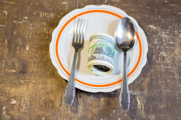 Money Bills Plate Brown Table Increase Food Prices Due War — Stock Photo, Image