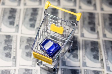 Piyasadaki bir sepetin içinde, banknotların üzerinde çocuk oyuncağı bir araba. Savaş nedeniyle Ukrayna 'da fiyatlarda artış