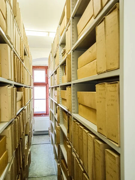 Ancient Books Cardboard Boxes Shelves Museum Slovakia — Stock Photo, Image