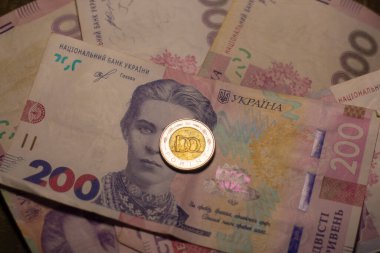 100 forint coin among 200 hryvnia banknotes. Inflation in Ukraine due to the war