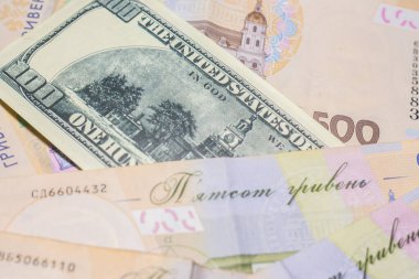 100 dollar bill among 500 hryvnia bills. Inflation in Ukraine due to the war