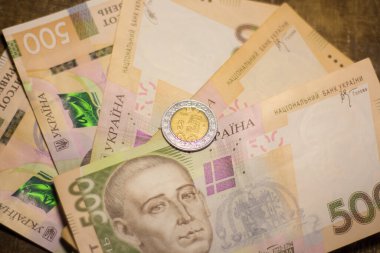 5 dollar coin among 500 hryvnia bills. Inflation in Ukraine due to the war