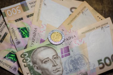 5 dollar coin among 500 hryvnia bills. Inflation in Ukraine due to the war