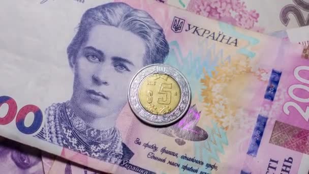 Dollar Coin 200 Hryvnia Bills Inflation Ukraine Due War — ストック動画