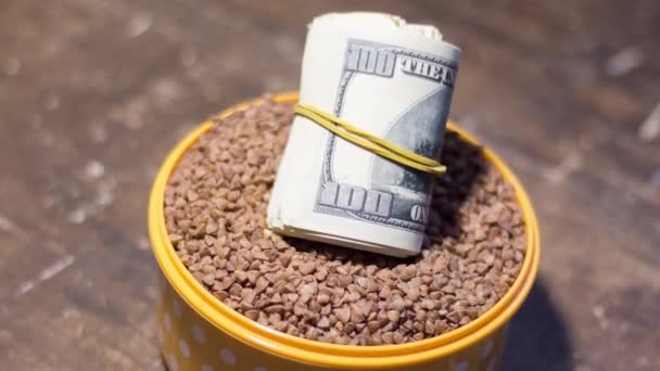 Banknotes Bowl Buckwheat Rise Food Prices Ukraine Due War — Vídeo de stock