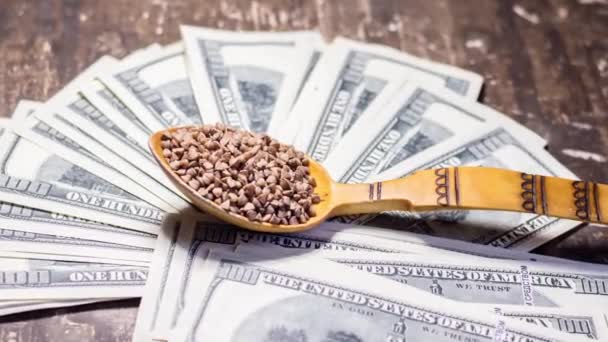Buckwheat Wooden Spoon Dollar Bills Rising Prices Ukraine Due War — Stock Video