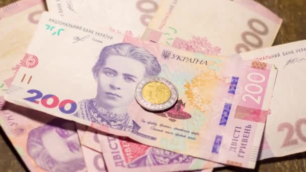 Κέρμα Δολαρίων Ανάμεσα 200 Εθνικού Νομίσματος Πληθωρισμός Στην Ουκρανία Λόγω — Αρχείο Βίντεο
