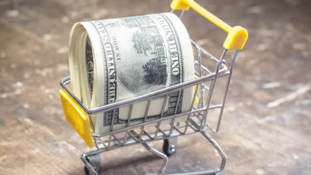 Dollar Bills Basket Wheels Inflation Ukraine Due War — Vídeo de stock