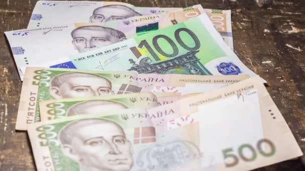 100 Euro Bill 500 Hryvnia Bills Inflation Ukraine Due War — Video Stock
